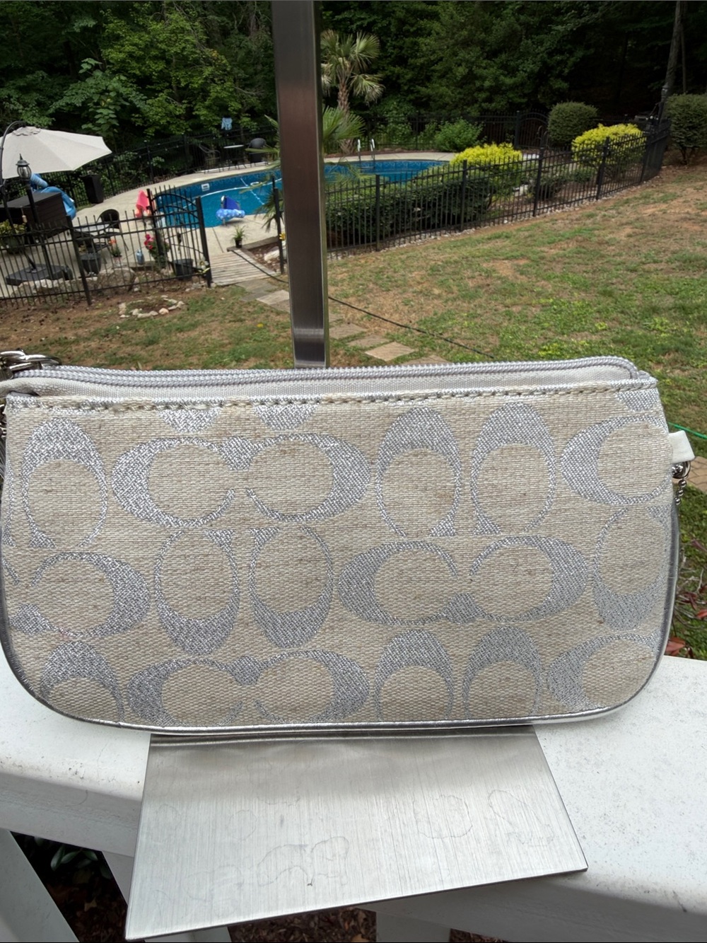 Coach Cream and Metallic Silver Signature  Logo Large Canvas Wristlet 7765 - Picture 8 of 16